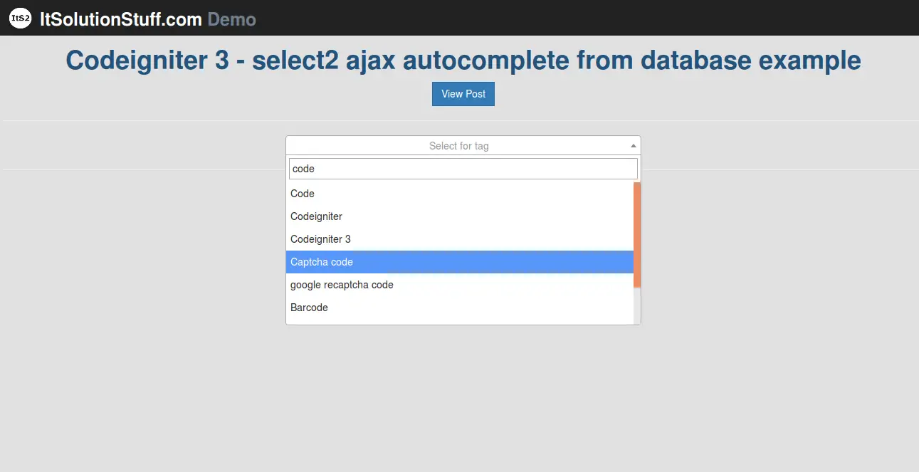 Codeigniter Select2 Ajax Autocomplete from Database Example