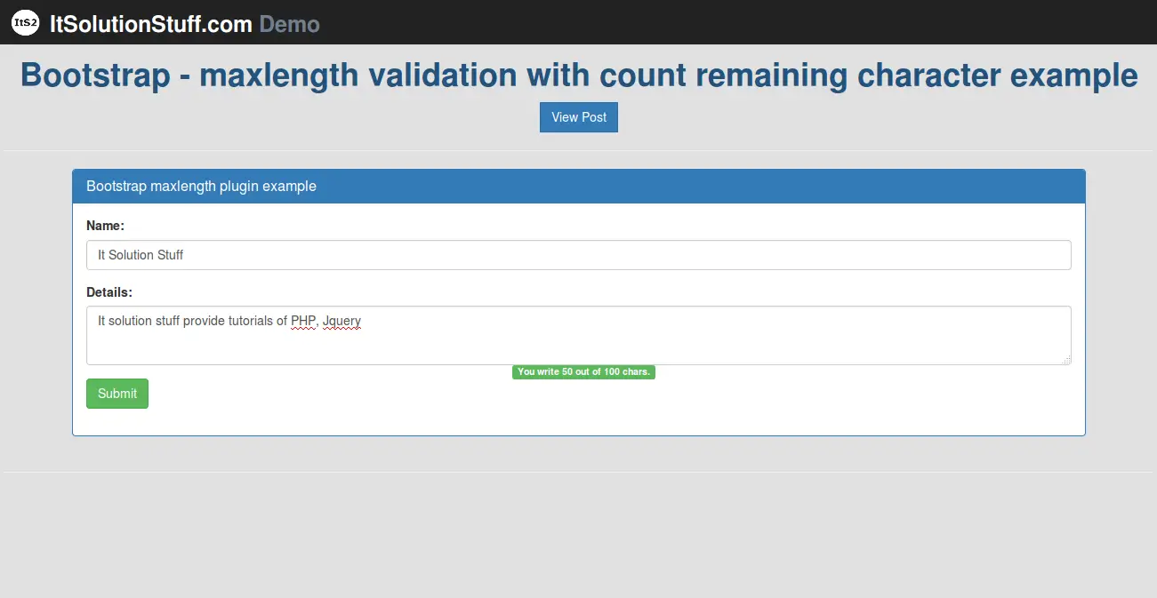 Bootstrap Maxlength Validation with Count Remaining Characters Example