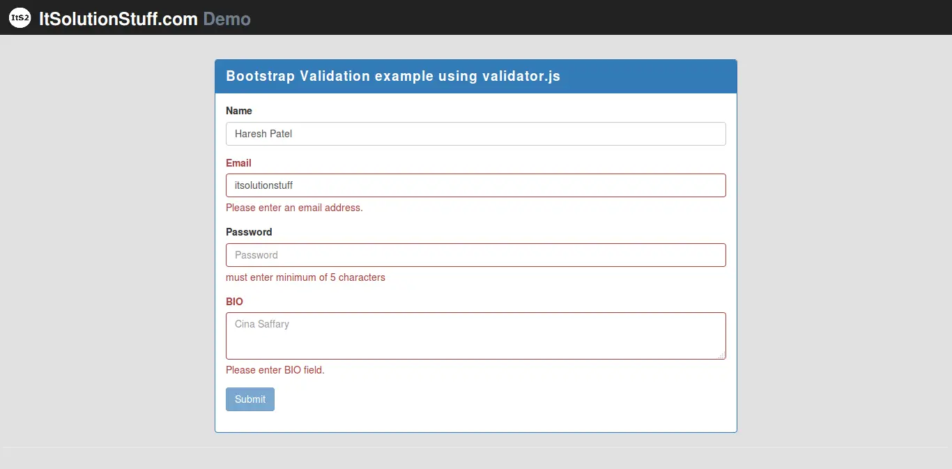 Bootstrap Form Validation using Validator.js Example