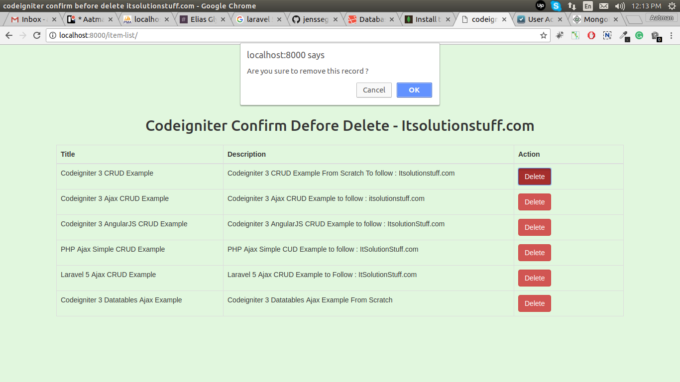 Codeigniter Confirm Box Before Delete Record Example