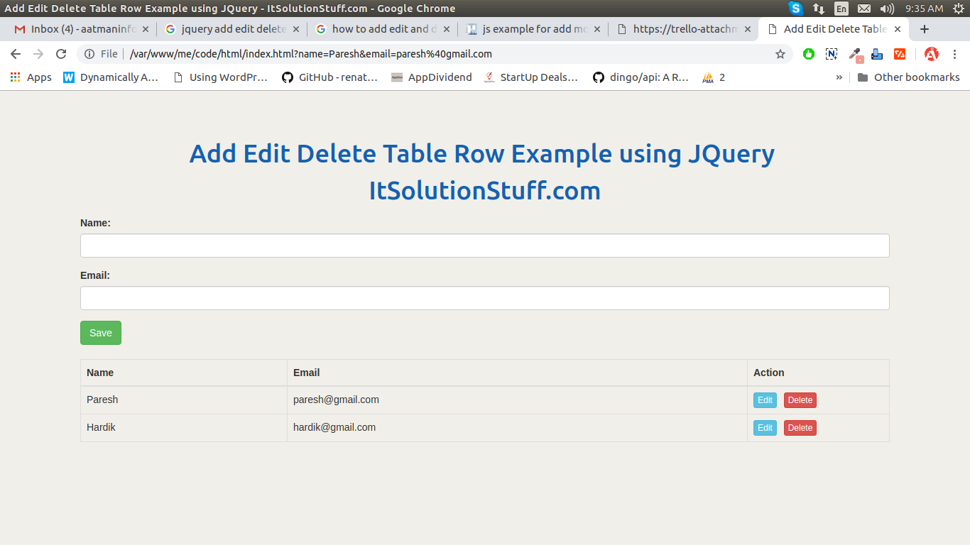 Add Edit Delete Table Row Example using JQuery