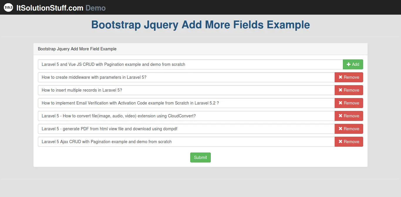 JQuery Add Remove Input Fields Dynamically Example