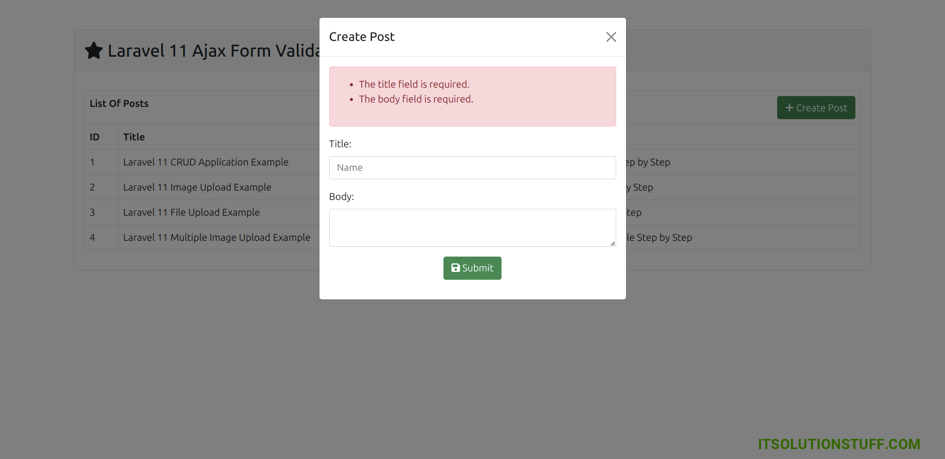 laravel 11 ajax form validation output