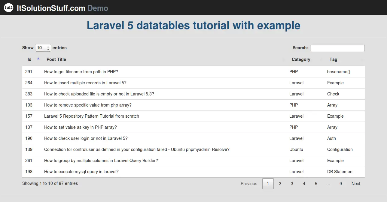 Laravel 5 - Implementing datatables tutorial using yajra package