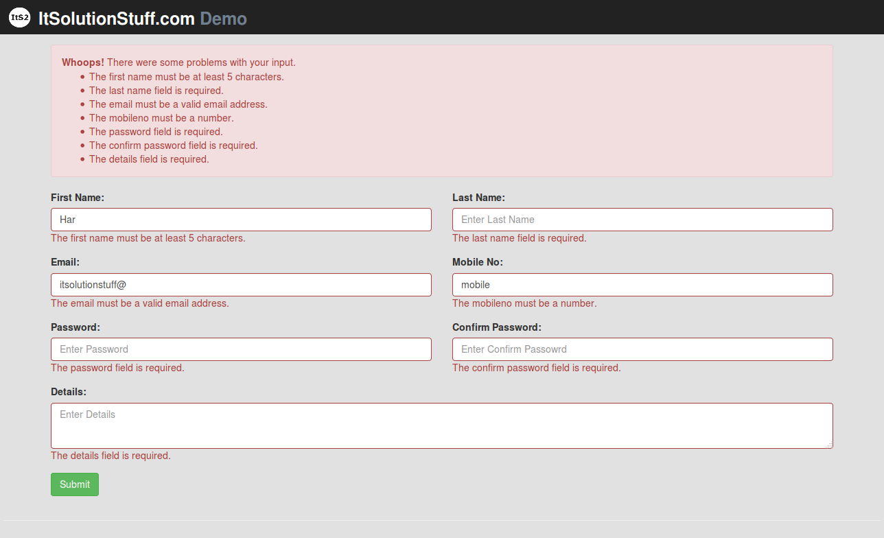 Laravel 5.3 - Form Input Validation rules example with demo