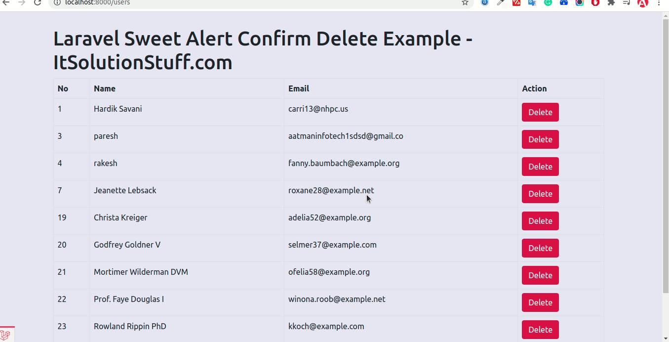 Laravel Sweet Alert Confirm Delete Example
