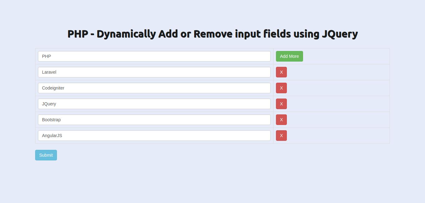 PHP - Dynamically Add Remove input fields using JQuery Ajax Example with Demo