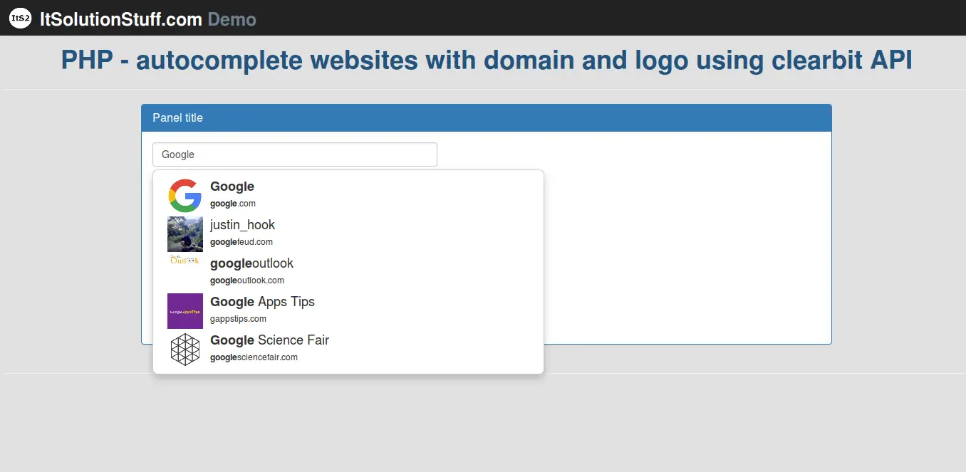 PHP Autocomplete Websites with Domain using Clearbit API