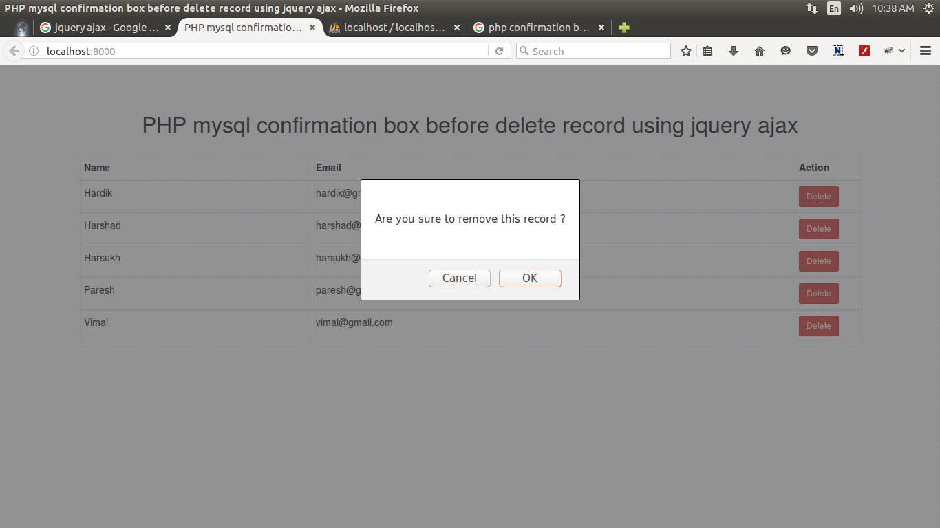 PHP MySQL Confirmation Before Delete Record using Ajax Example